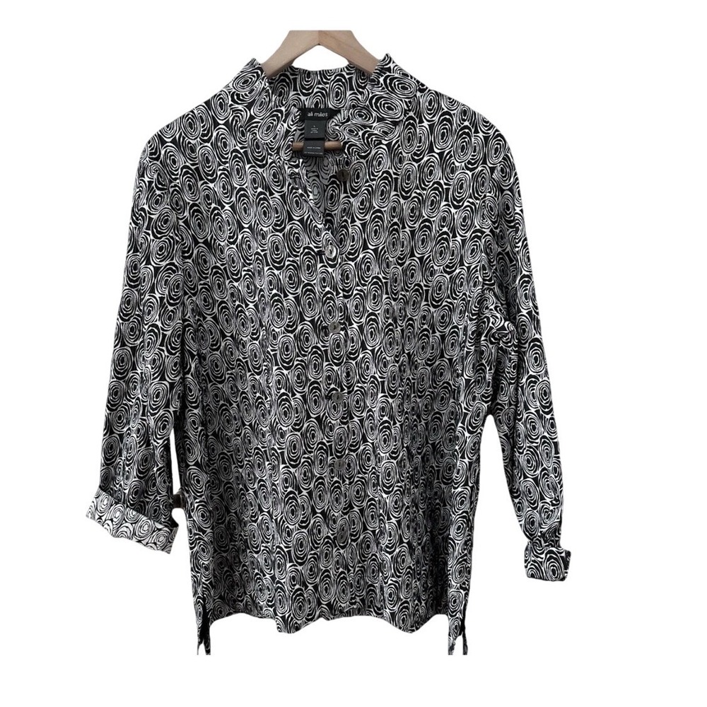 Ali Miles Button Front Blouse L Black White Geometric Swirl Mock Neck 3/4 Sleeve